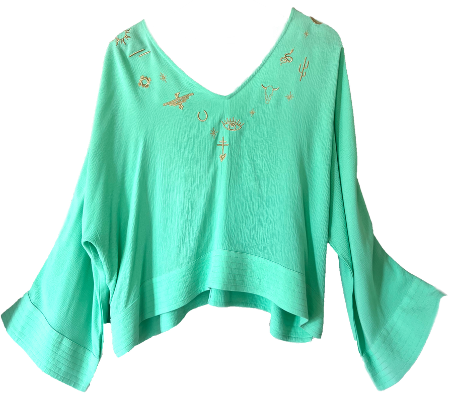 Desert Tokens Embroidered Top - Seafoam