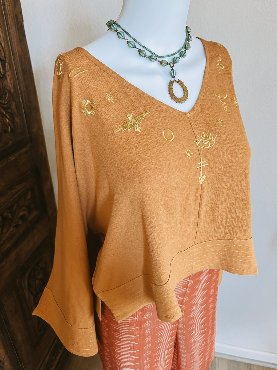 Desert Tokens Embroidered Top - Rust